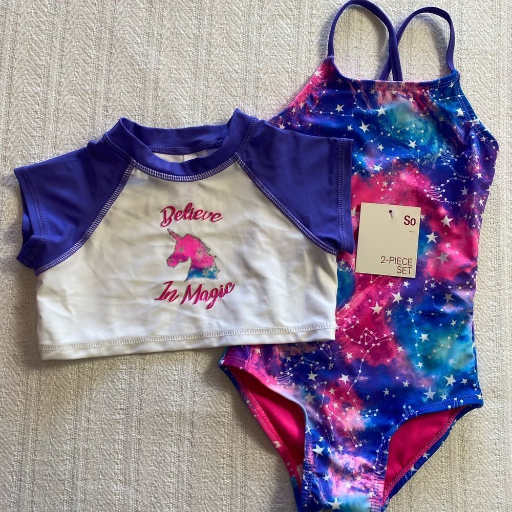SO Girls 4/5 Constellation One-Piece Swimsuit & "Believe In Magic" Crewneck Top